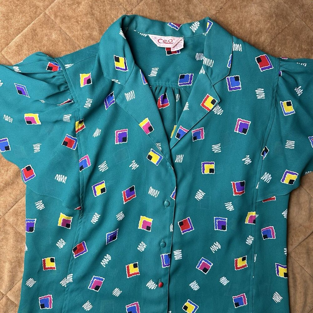 Vintage 80s Abstract Square Print Teal Shirt Womens Medium Flutter Sleeve